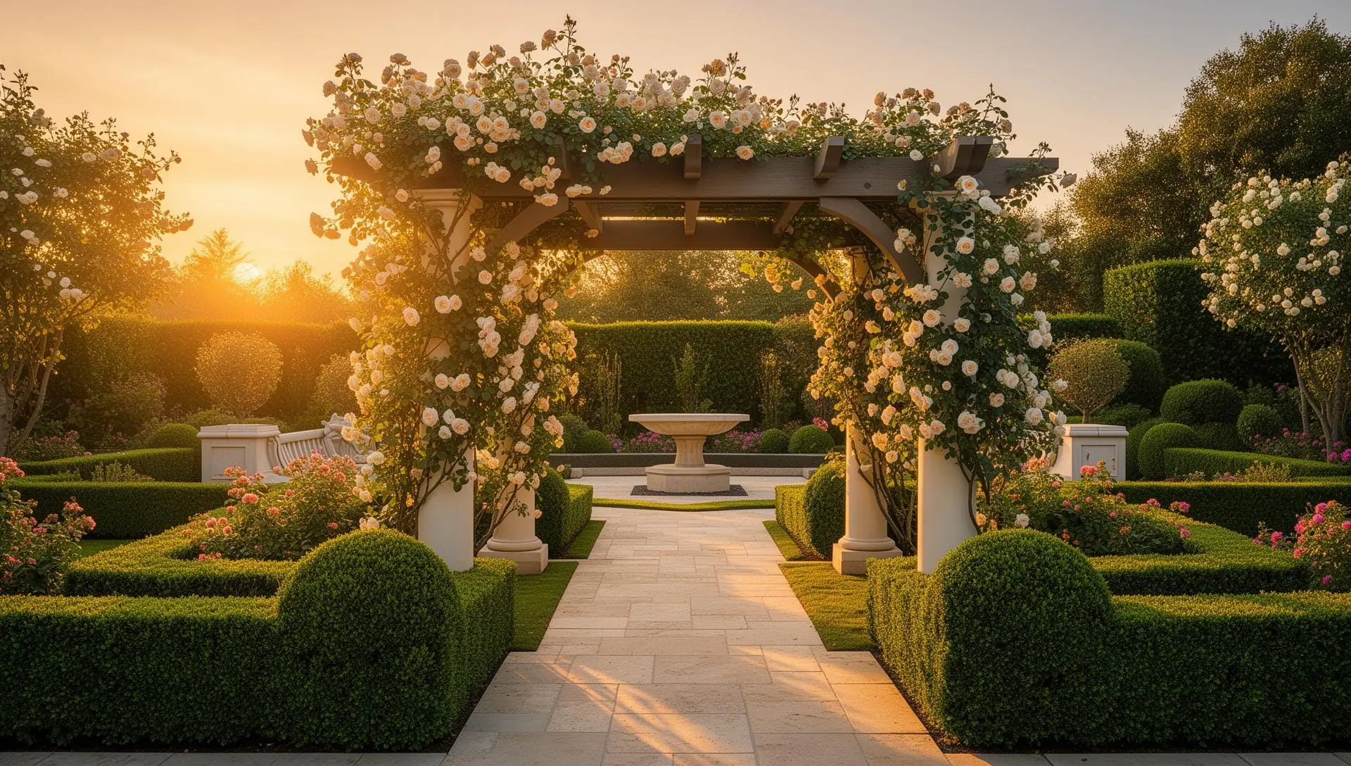 Beautiful garden at sunset